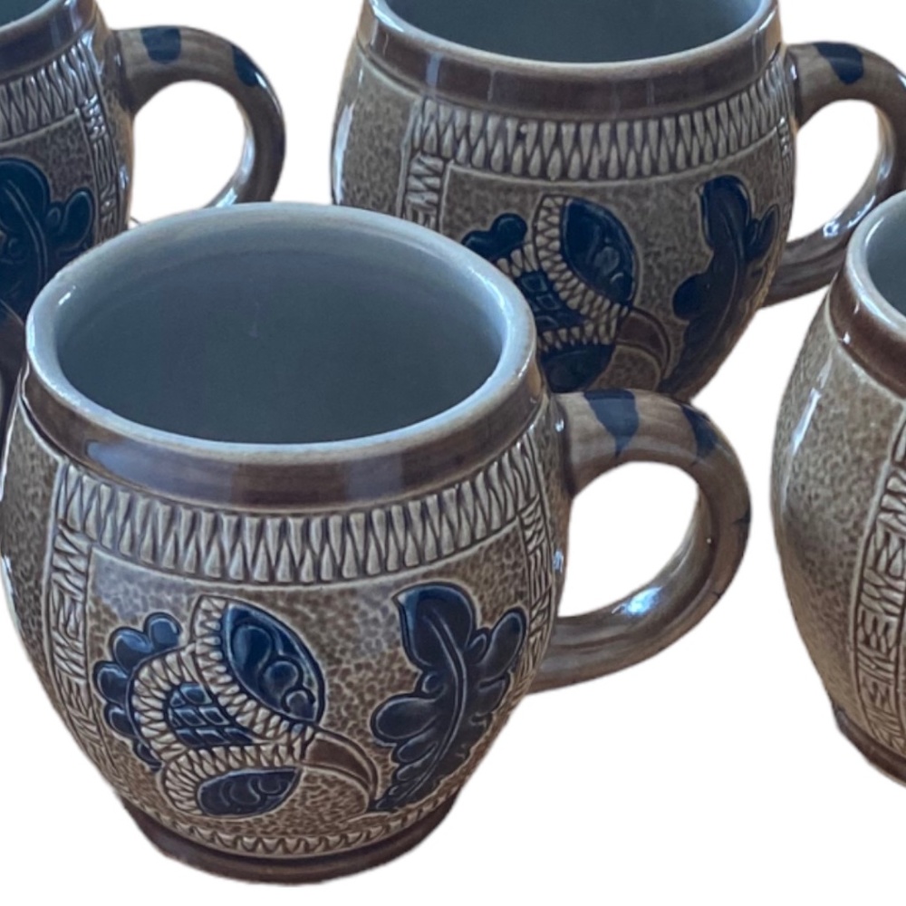Vintage Marzi & Remy 2 pce etched hand painted pottery mugs